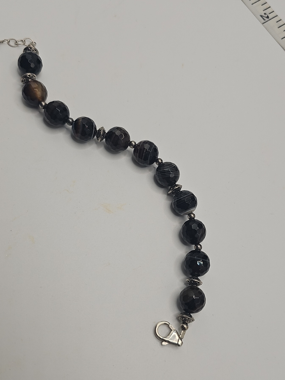 Faceted Black Bullseye Agate Bead Bracelet - Handmade.
